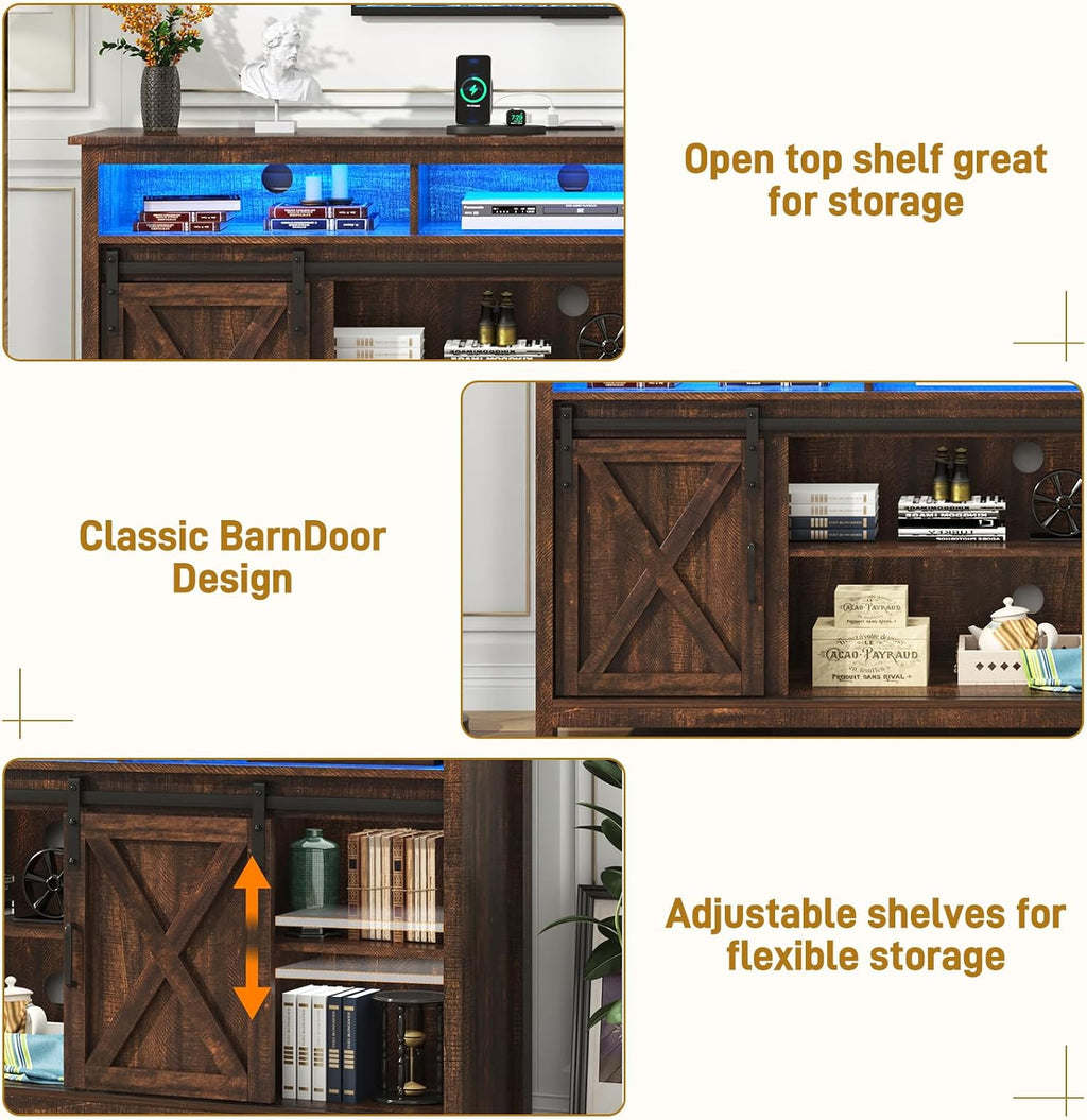 LED Farmhouse TV Stand for 80/75 inch TVs, Rustic Entertainment Center Cabinet with Power Outlets, Brown