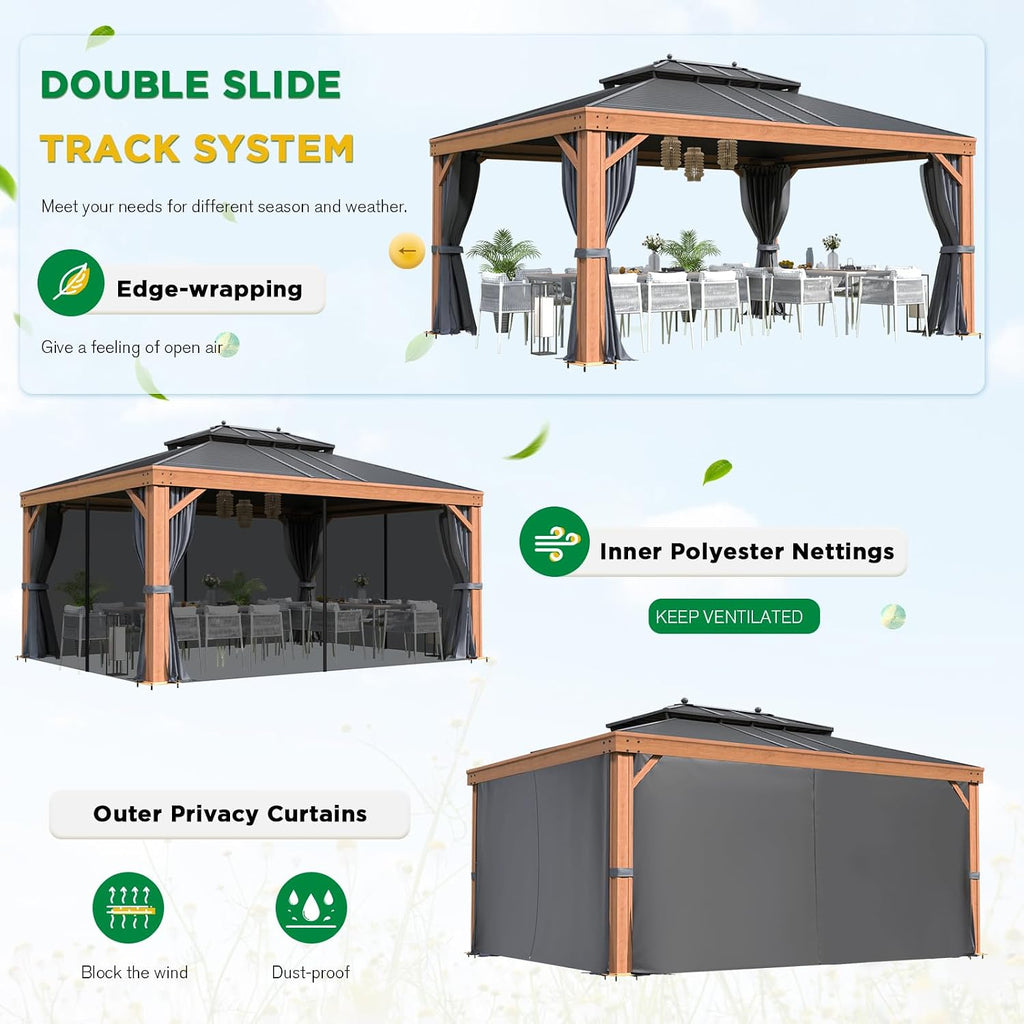 EROMMY 12' x 16' Hardtop Gazebo Outdoor Aluminum Wood Grain Gazebos with Galvanized Steel Roof and Mosquito Net for Patios, Deck, Backyard, Curtains&Netting