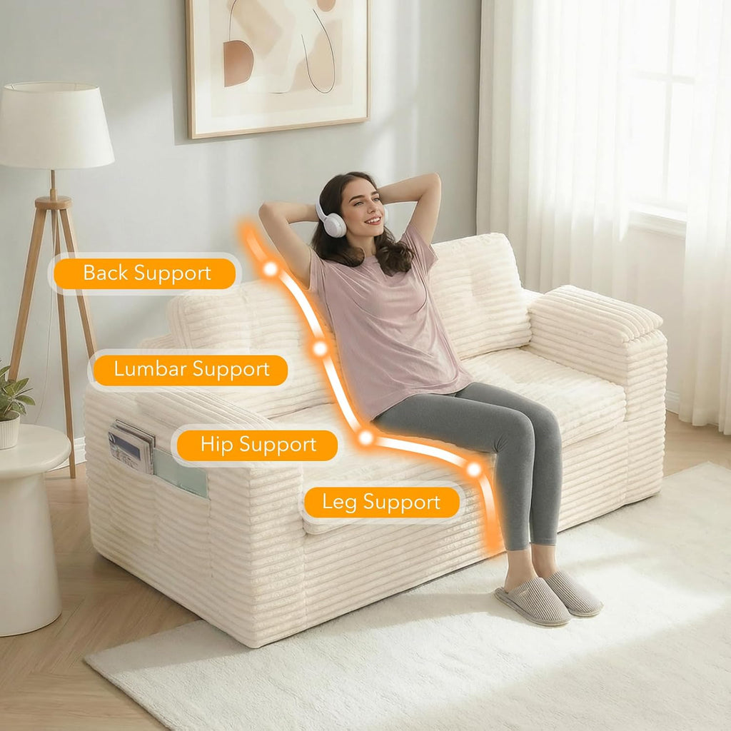 Boneless Loveseat, 2 Seater Deep Seat Loveseat Sofa with Wide‑Wale Corduroy for Small Spaces & Living Room, 60' Width, No Assembly, Washable Cover, Beige