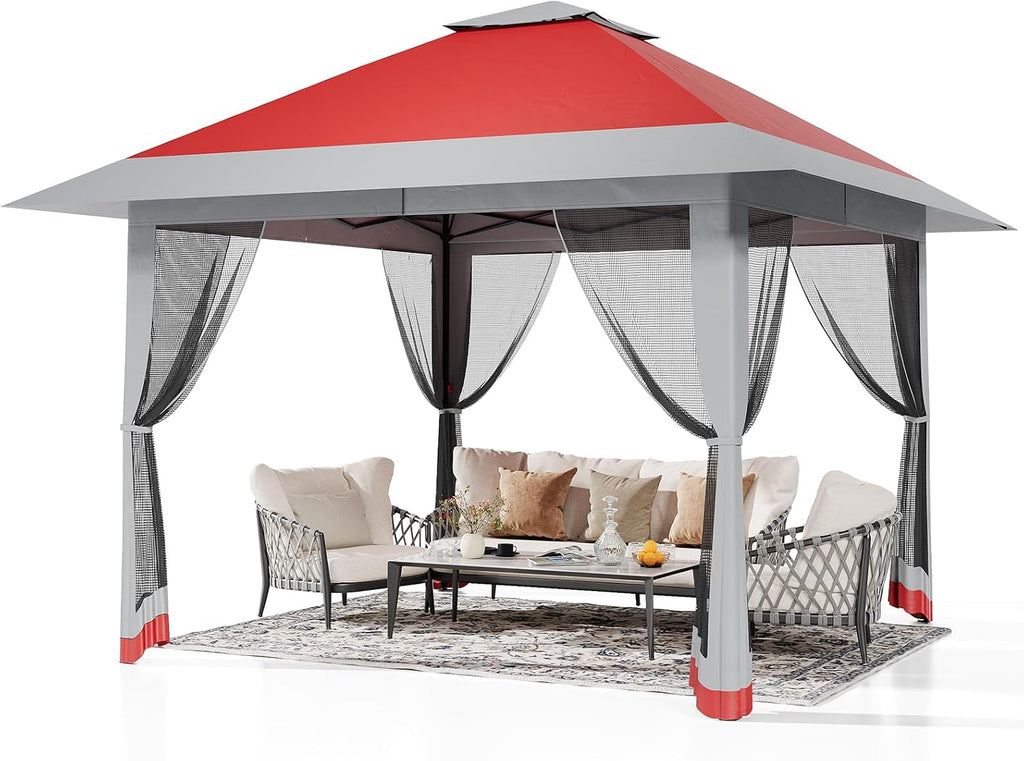 13x13 Pop Up Gazebo, Outdoor Canopy Tent with Double Roof and Mesh Netting, Gazebo Tent with Large Space and Adjustable Height for Backyard, Garden, Patio, Lawn, Red + Light Gray