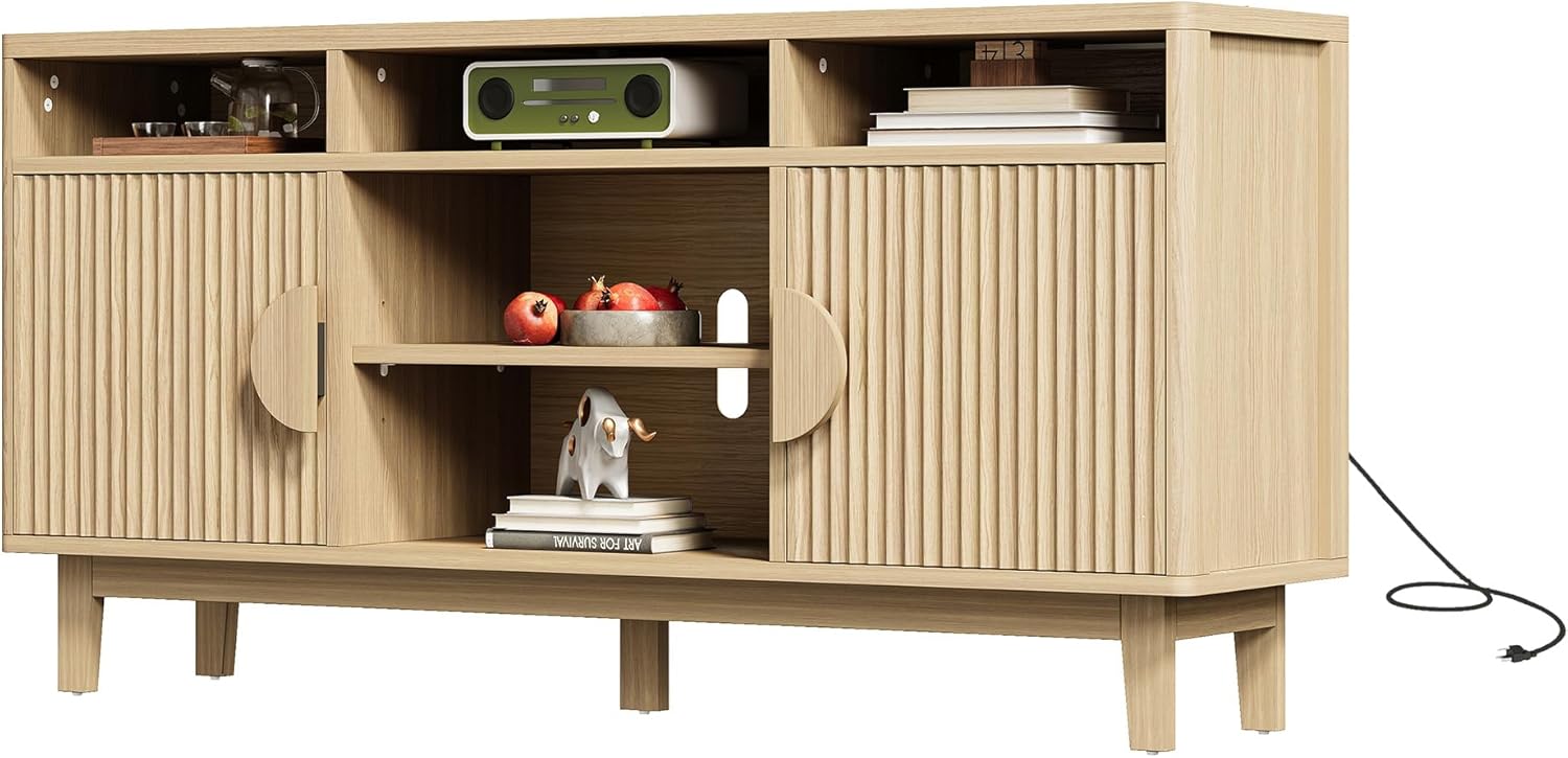 IRONCK TV Stand for 65 Inch TV, 59 Inch Entertainment Center with Storage and Charging Station, Modern Media Console with 3 Adjustable Shelf, Fluted Doors Design, Natural Oak