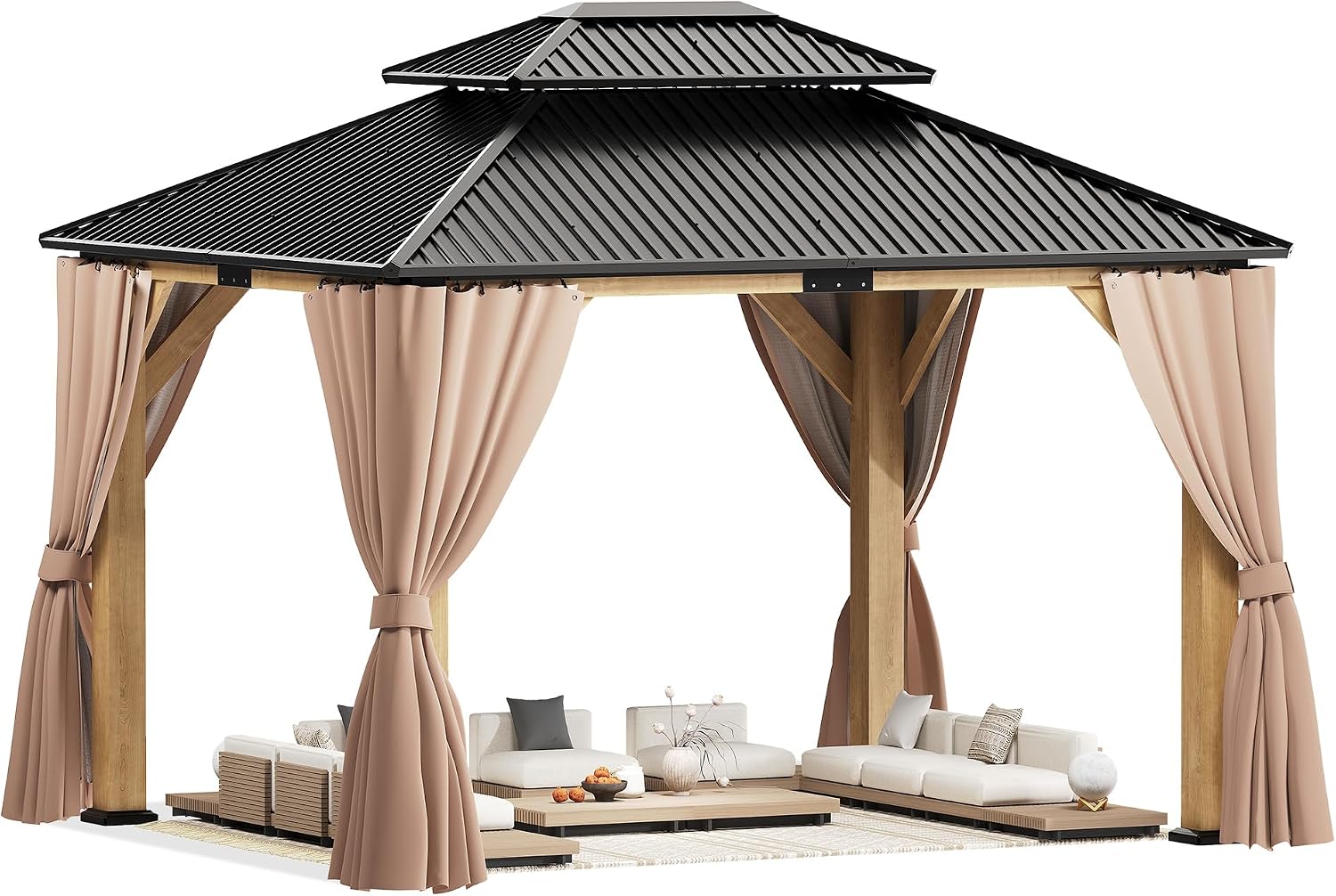 ROCSUMOO 13'x 15' Outdoor Wooden Gazebo, Patio Hardtop Gazebos with Double Roof, Double Galvanized Steel Hardtop Roof Wood Frame with Netting and Curtains (13'x 15')