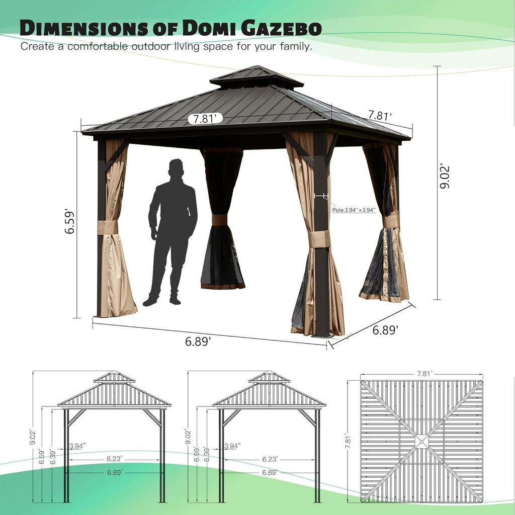 Domi 8'x8' Hardtop Gazebo, Outdoor Metal Gazebo with Galvanized Steel Double Roof, Curtains & Netting, Permanent Pavilion for Patio, Backyard, Party, Outdoor Dining, Brown