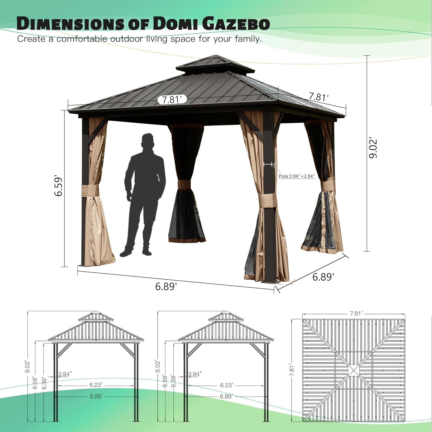 Domi 8'x8' Hardtop Gazebo, Outdoor Metal Gazebo with Galvanized Steel Double Roof, Curtains & Netting, Permanent Pavilion for Patio, Backyard, Party, Outdoor Dining, Brown