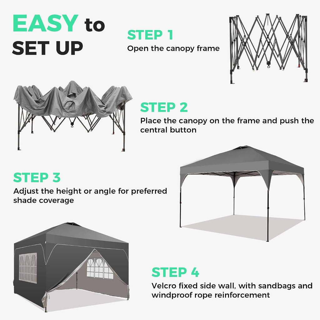 10x10 Pop Up Canopy Tent with One Push Setup, Portable Sun Shade Tent, Instant Easy Up Canopy with 4-Sidewalls & Hand Bag, Outdoor Fldable Gazebo with Vent Top, Grey.