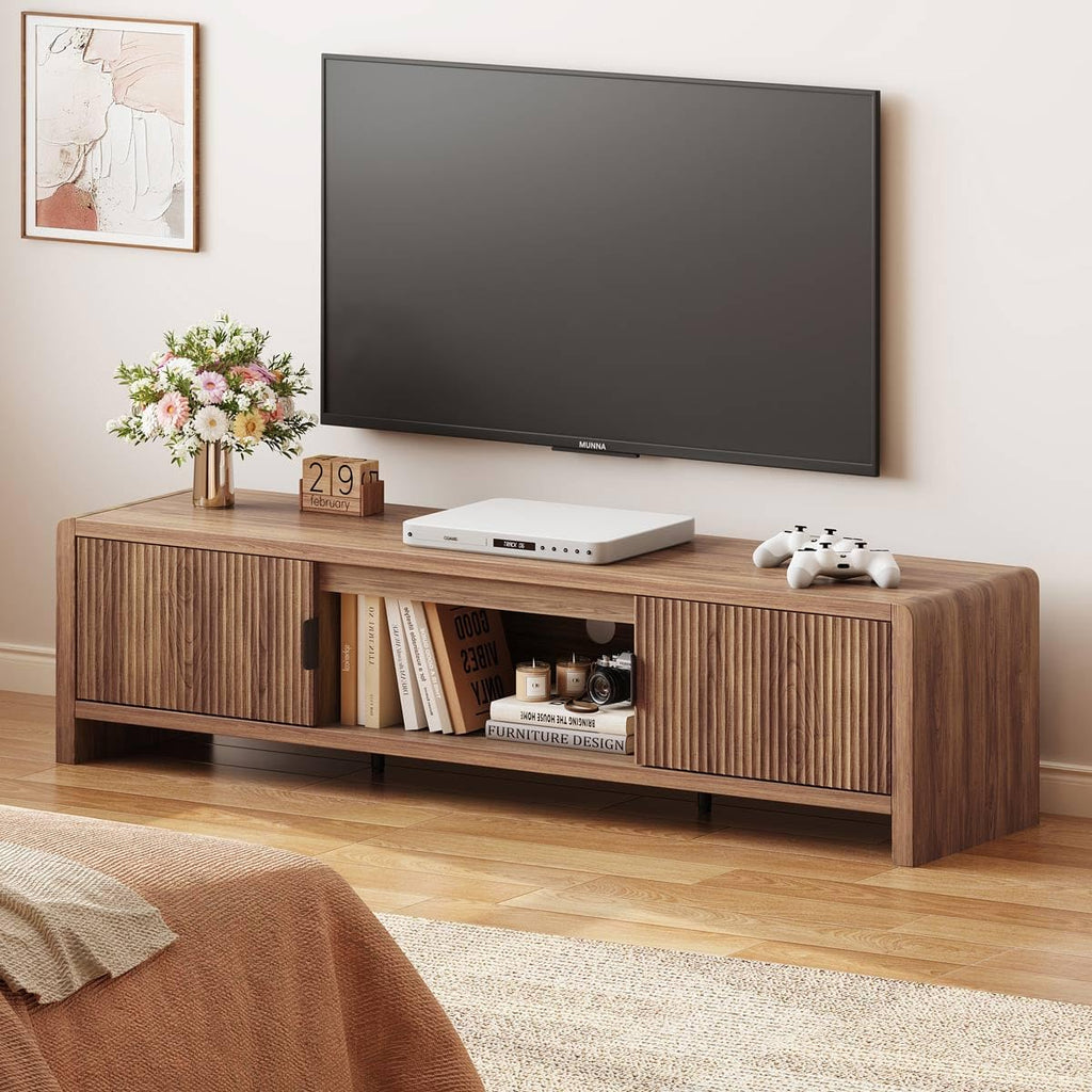 FATORRI TV Stand for 75/65/55 Inch TVs, Farmhouse Entertainment Center with Storage, Wood Waveform Fluted-Door Television Media Console for Living Room,Bedroom (63' W, Walnut)