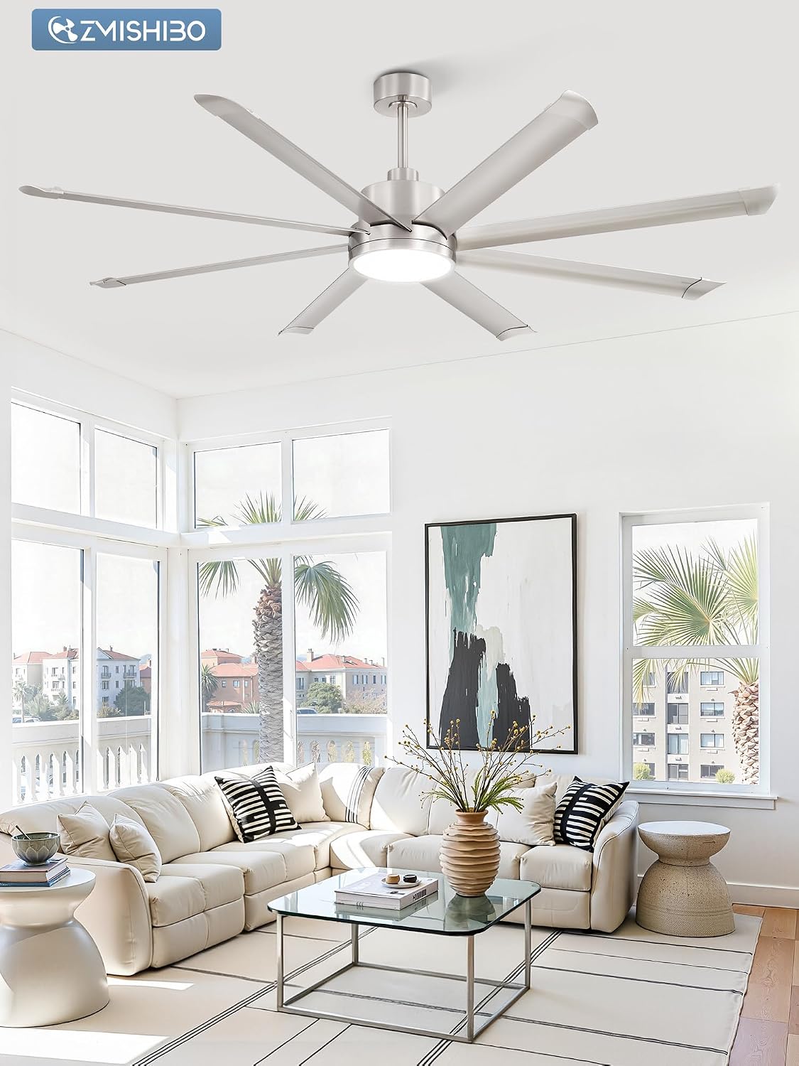 ZMISHIBO 72 Inch Ceiling Fans with Lights, Indoor/Outdoor Industrial Ceiling Fan with 8 Aluminum Reversible Blade, Quiet DC Motor, 3CCT&6-Speed Remote Control, Damp Rated for Living Room/Garage/Gazebo