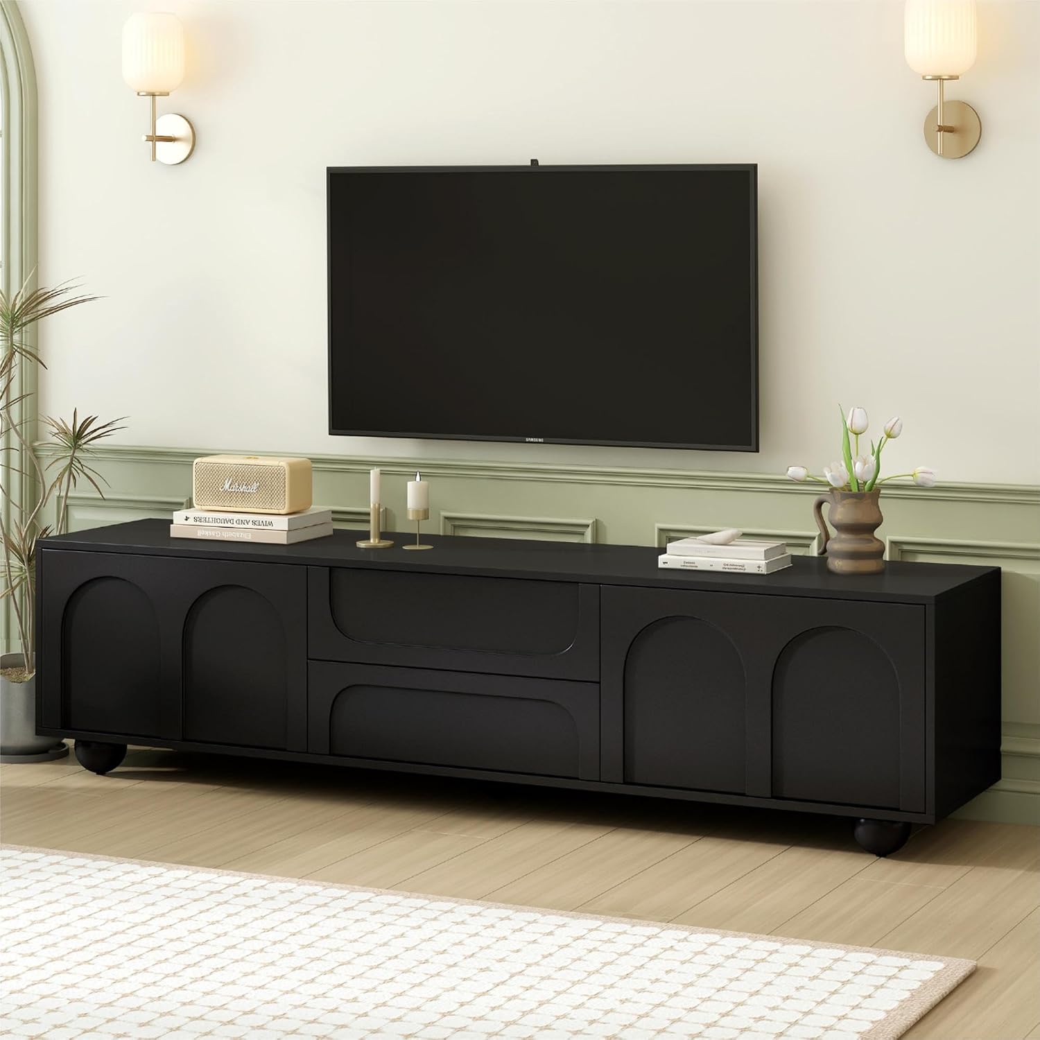 Cream Style TV Stand with Arched Doors & 2 Drawers for TVs up to 75', Minimalist Media Console with Rebound Device, Entertainment Center with 5 Iron Round Legs for Living Room, Bedroom, Black