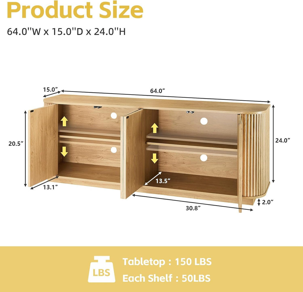 Fluted TV Stand for TVs Up to 75 Inch, Mid Century Modern TV Console for Living Room, Entertainment Center with Storage, Wood Media Console Cabinet with Rounded Corner