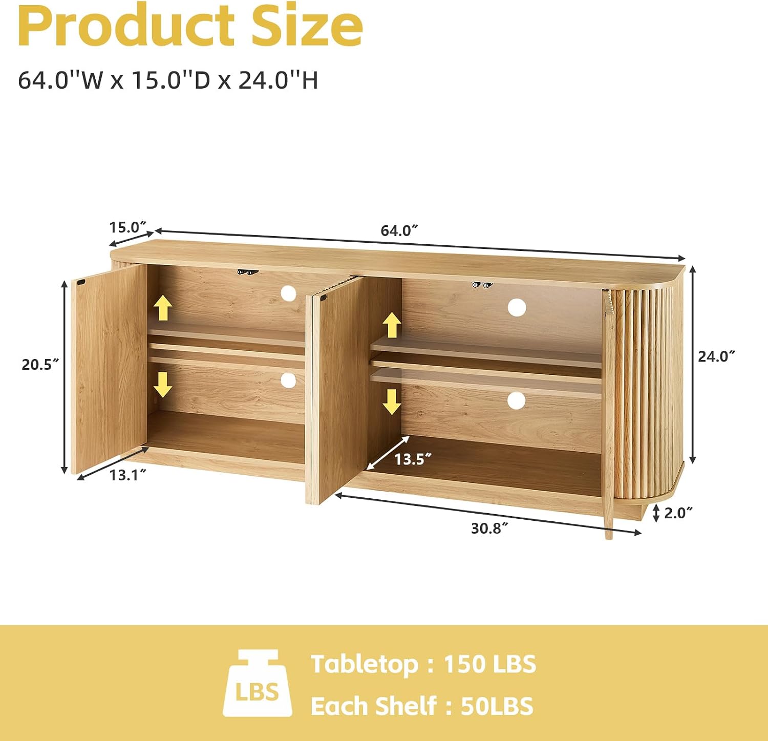 Fluted TV Stand for TVs Up to 75 Inch, Mid Century Modern TV Console for Living Room, Entertainment Center with Storage, Wood Media Console Cabinet with Rounded Corner