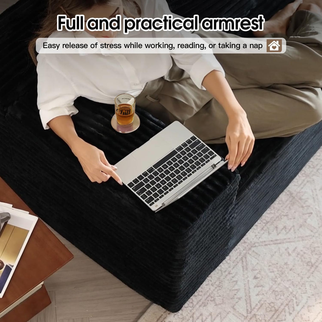 107.5' Comfy U-Shaped Sectional Modern Boneless Corduroy Couch with Chaise ‌and Ottoman‌ - No Assembly Required! Deep-Seat, Upholstered Modular Cloud Sofa for Living Room, Plush Corduroy Fabric(Black)