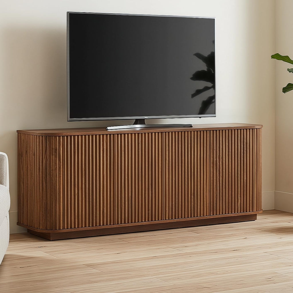 Fluted TV Stand for TVs Up to 75 Inch, Walnut Mid Century Modern TV Console for Living Room, Entertainment Center with Storage, Wood Media Console Cabinet