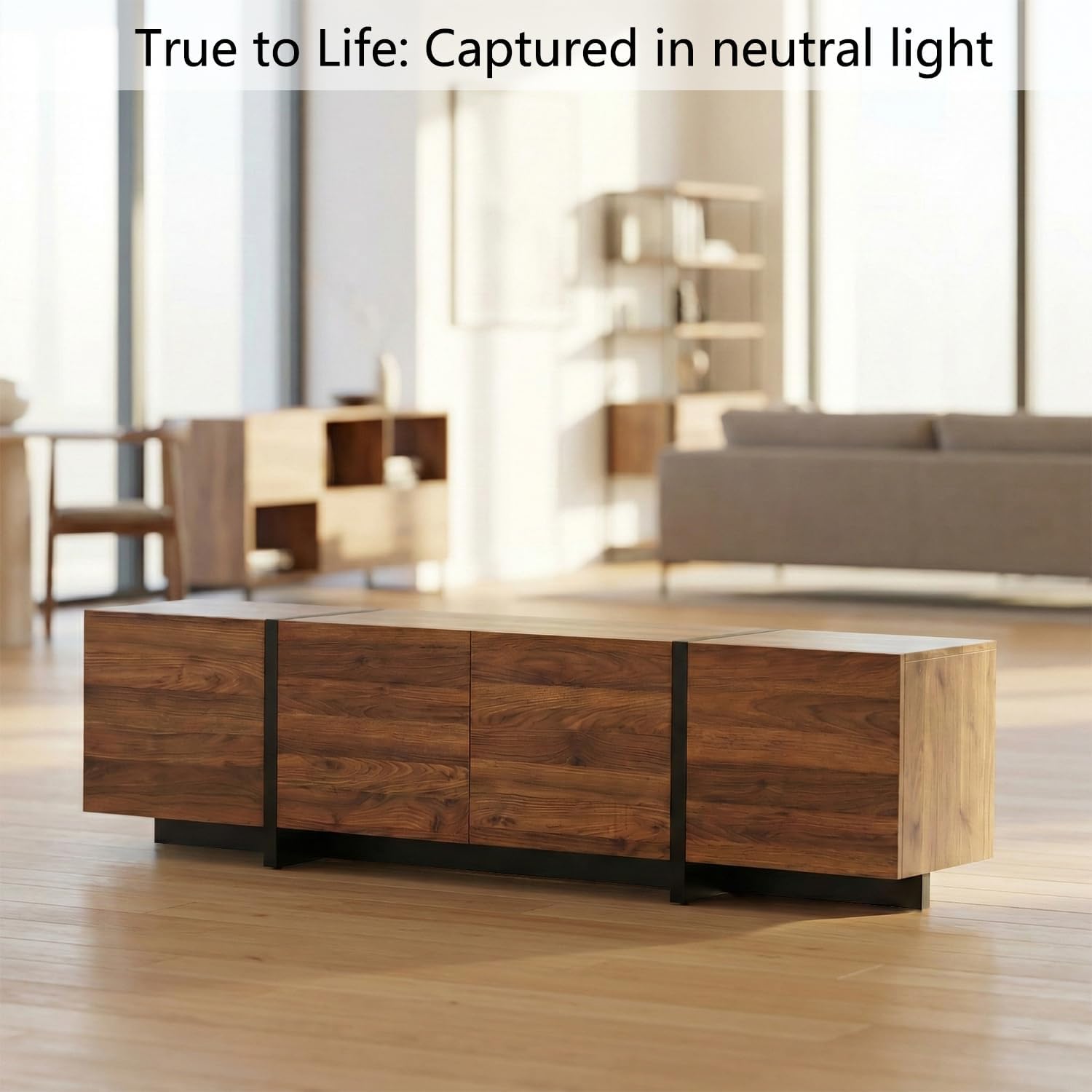 holzart 67 Inch TV Stand for TVs up to 70 Inch, Mid Century Modern Wood Media Console with 4 Storage Doors, Entertainment Center TV Cabinet Sideboard for Living Room Bedroom, Walnut Brown