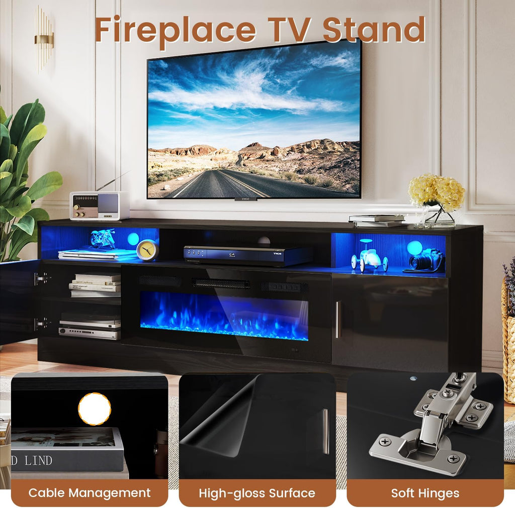 MXV 78' Fireplace TV Stand with Power Outlet for TVs UP to 90', Electric Fireplace Entertainment Center with LED Lights & Storage Cabinets, TV Console for Living Room, Office, Black-Black