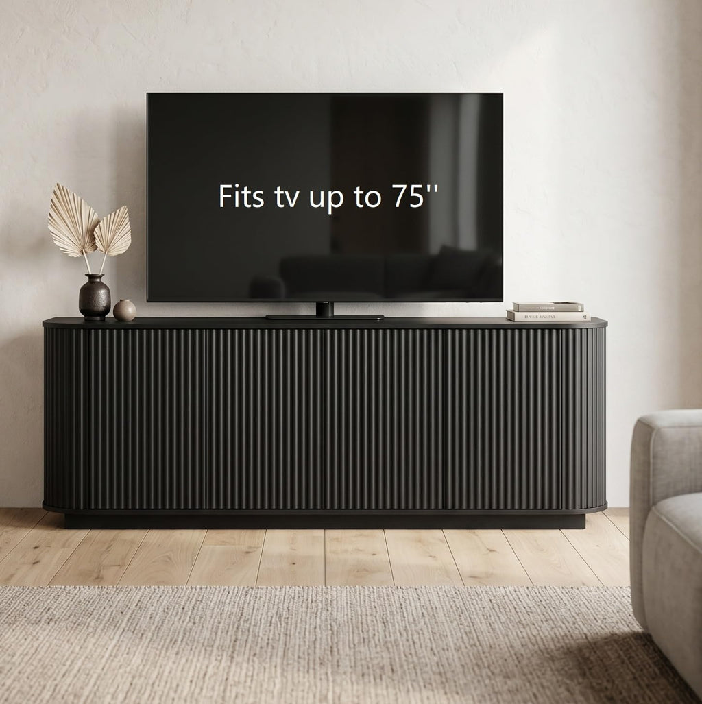 Fluted TV Stand for TVs Up to 75 Inch, Black Mid Century Modern TV Console for Living Room, Entertainment Center with Storage, Wood Media Console Cabinet with Rounded Corner