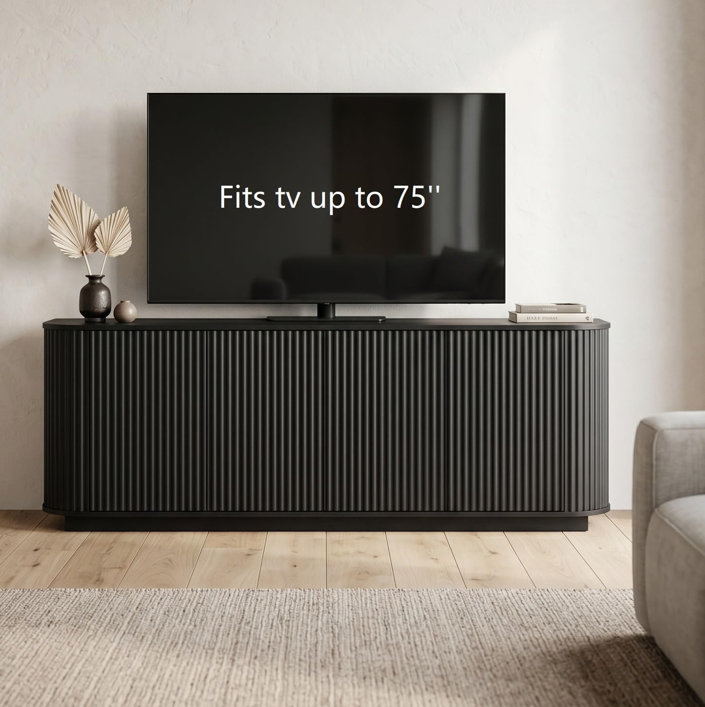 Fluted TV Stand for TVs Up to 75 Inch, Black Mid Century Modern TV Console for Living Room, Entertainment Center with Storage, Wood Media Console Cabinet with Rounded Corner