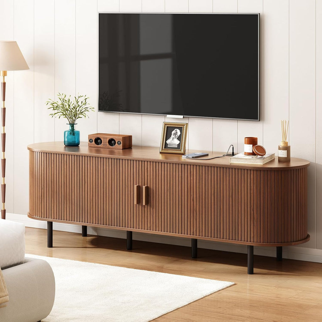 ONBRILL 70.8' TV Stand with Power Outlet for TVs up to 75 Inch, Entertainment Center with Storage and Adjustable Shelves, Modern Media Console with Sliding Doors for Living Room, Walnut