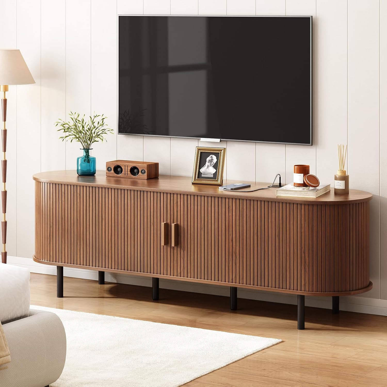 ONBRILL 70.8' TV Stand with Power Outlet for TVs up to 75 Inch, Entertainment Center with Storage and Adjustable Shelves, Modern Media Console with Sliding Doors for Living Room, Walnut