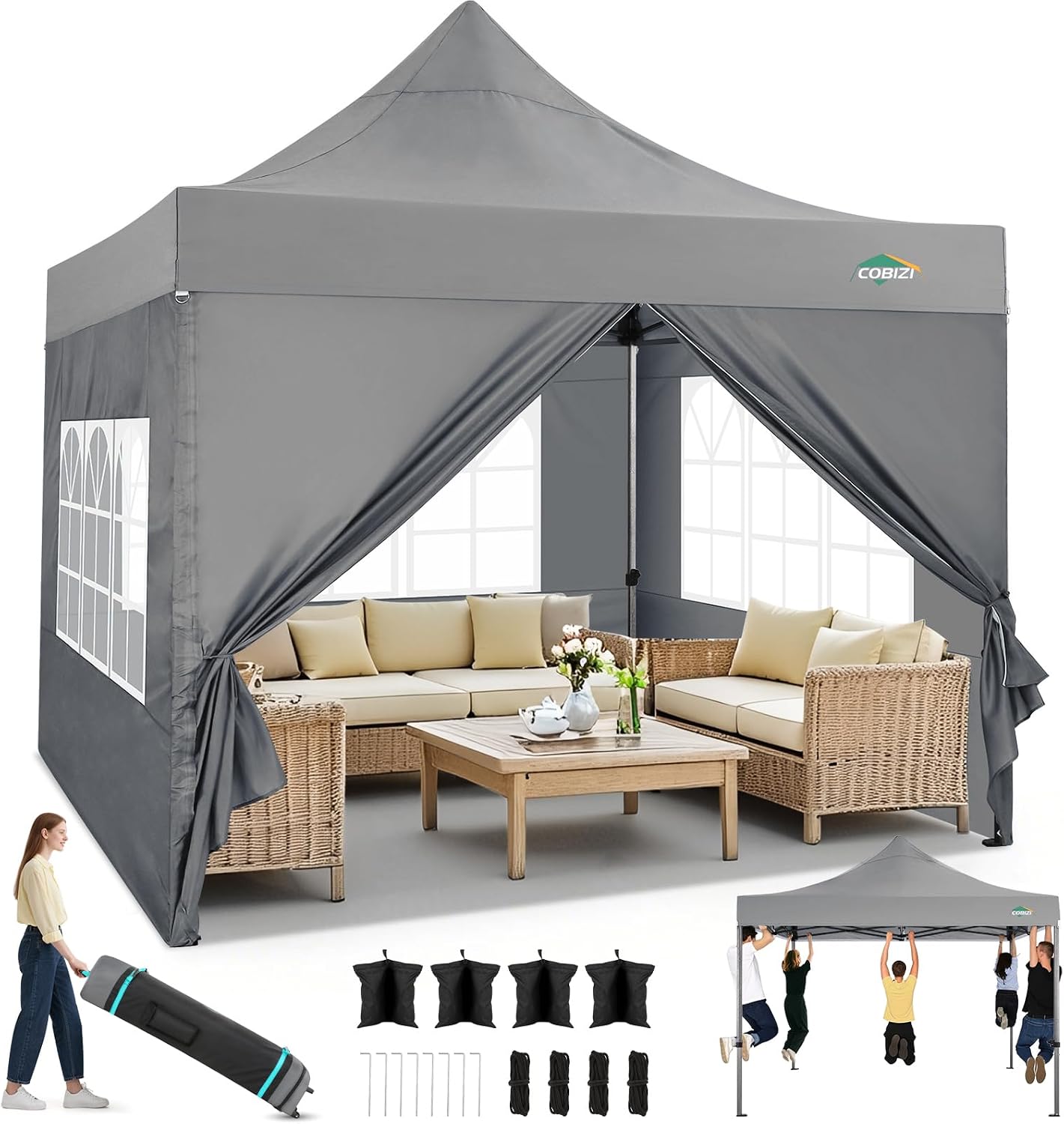 COBIZI 10x10 Heavy Duty Pop Up Canopy Tent with 4 Sidewalls Thicken Frame, Commercial Easy Up Outdoor Wedding Party Tents, All Season Waterproof Windproof with Stakes Sandbags Ropes Roller Bag, Gray