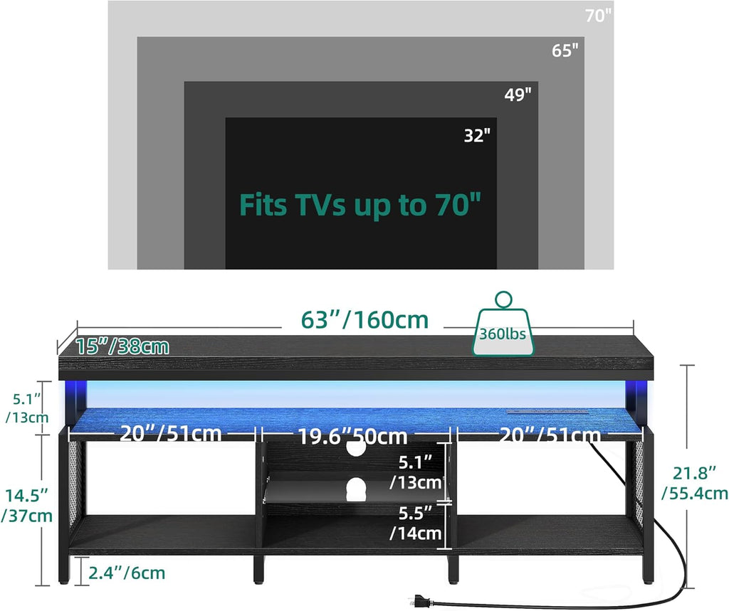 YITAHOME TV Stands for Living Room, TV Stand for 70/65 inch TV, Entertainment Center with Storage, LED TV Stand with Power Outlets, Industrial TV Console Cabinet, Black