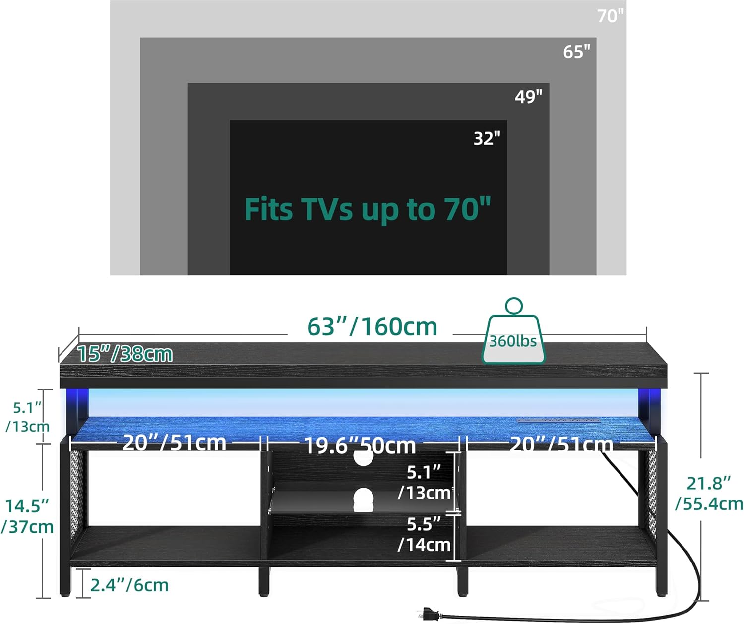 YITAHOME TV Stands for Living Room, TV Stand for 70/65 inch TV, Entertainment Center with Storage, LED TV Stand with Power Outlets, Industrial TV Console Cabinet, Black