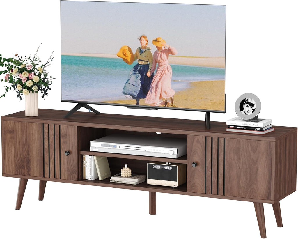 HOMEFORT TV Stand for 65/60/55 Inches, Mid-Century Modern TV Stand with Storage,Media Console Table,Entertainment Center with Sliding Door for TVs up to 65',for Bedroom,Living Room (Walnut)