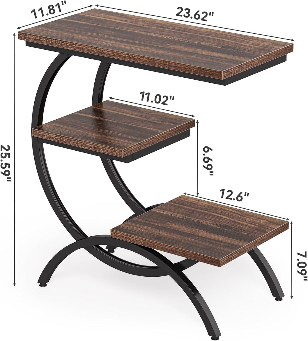 LITTLE TREE End Table Set 2, Narrow End Table with 3 Storage Shelves, Industrial C-Shaped Small Sofa Side Table for Living Room, Wood Slim Snack Table with Black Metal Frame, Rustic Brown
