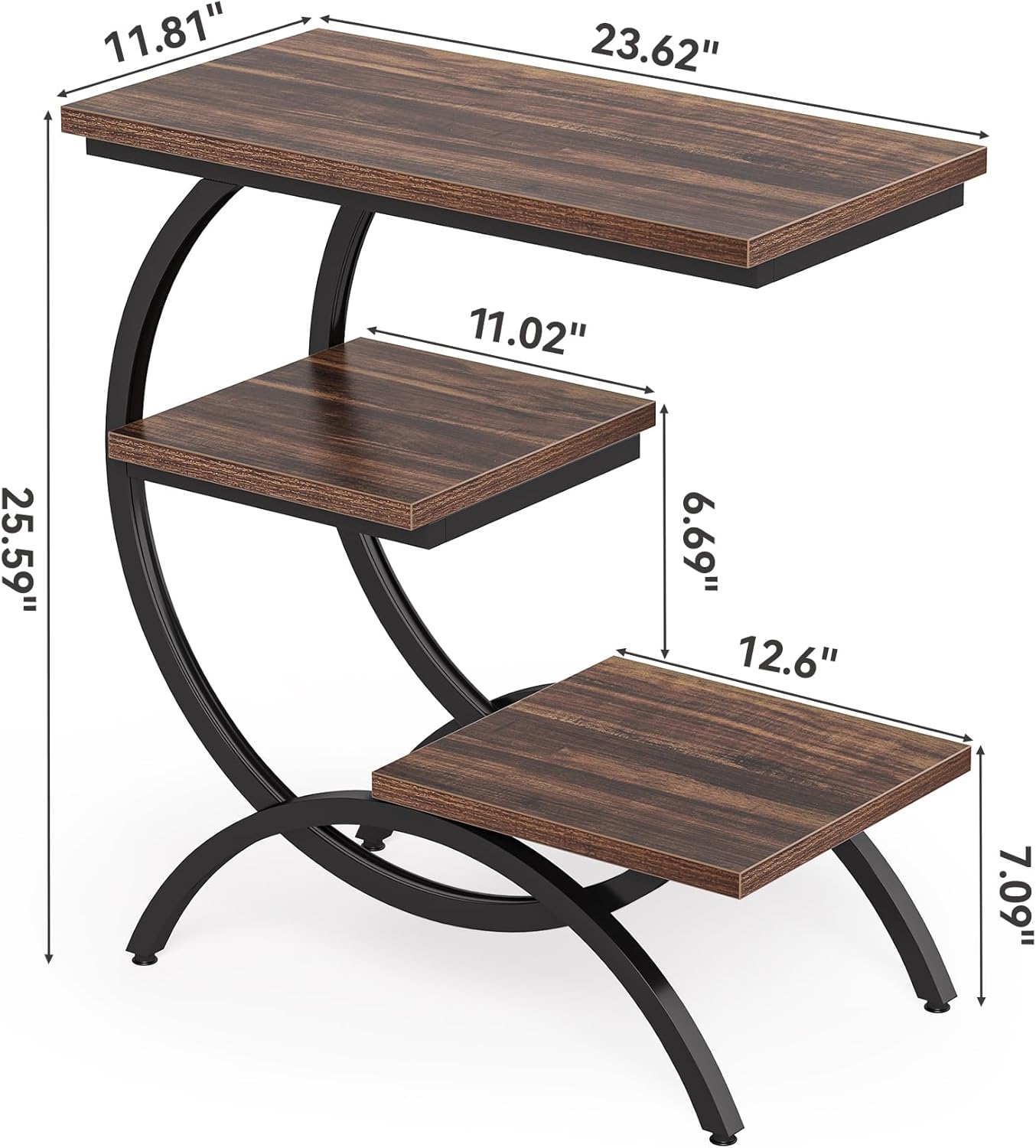LITTLE TREE End Table Set 2, Narrow End Table with 3 Storage Shelves, Industrial C-Shaped Small Sofa Side Table for Living Room, Wood Slim Snack Table with Black Metal Frame, Rustic Brown