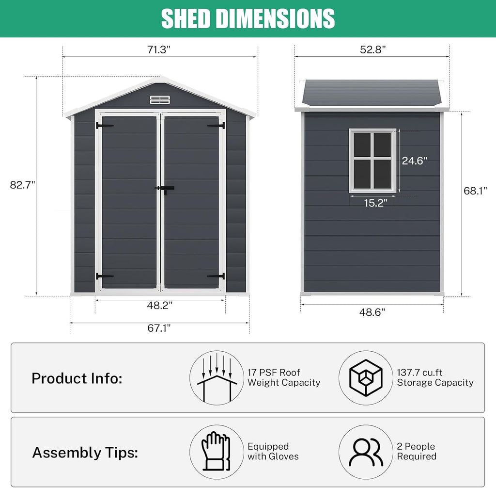Seizeen 6x4.4ft Resin Shed with Floor, Waterproof Outdoor Plastic Shed w/Lockable Doors, Window & Vents, Outdoor Storage Shed for Storing Lawn Mower, Patio Furniture, Tools, Bike (Dark Gray)