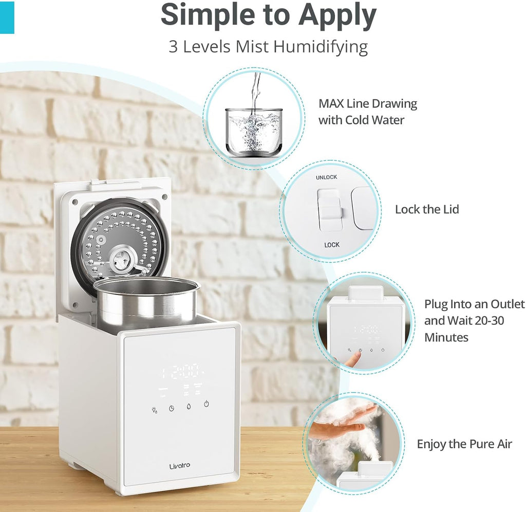 Livatro Stainless Steel Humidifier, 3L Warm Mist Humidifier, Easy Clean with Warm Steam Humidifier, Healthy Air Mist Humidifiers for Bedroom Living Room, with Sleep Mode and Auto-off Setting