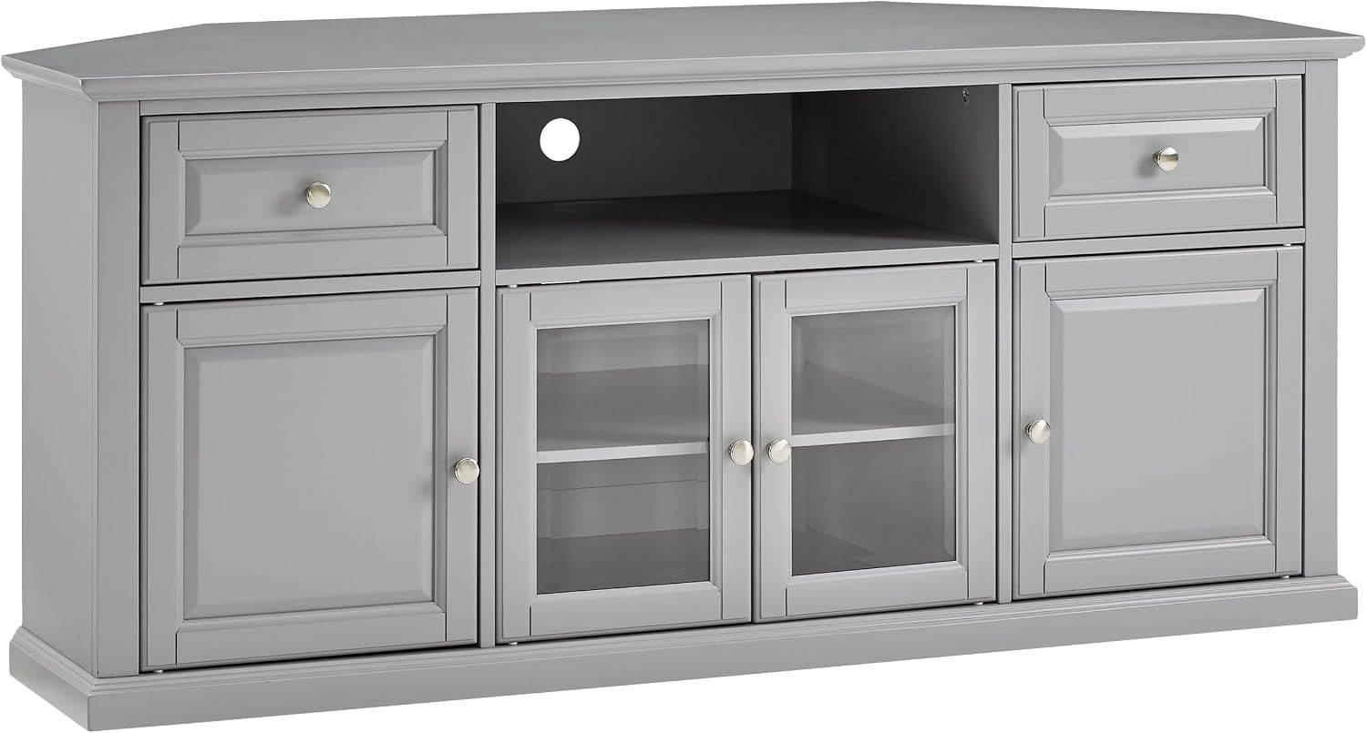 Crosley Furniture Corner TV Stand for 65+ inch TVs, Entertainment Center with Adjustable Storage Shelves, Gray