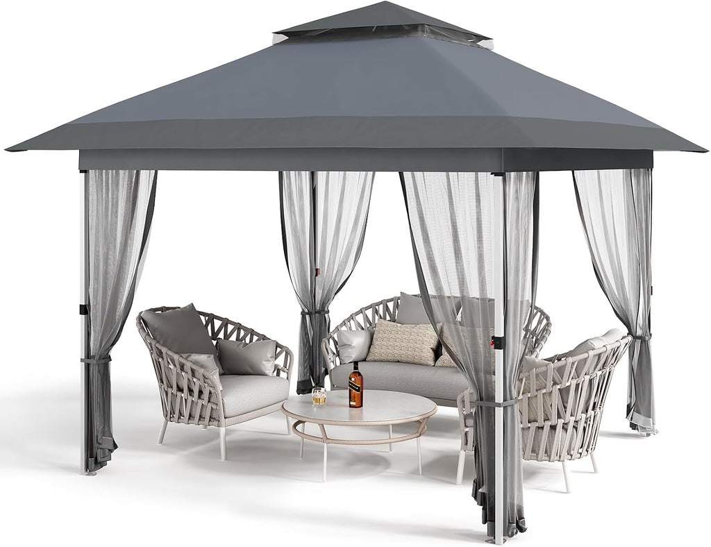 GarveeLife 12 ft x12 ft Gazebo Outdoor Pop up Canopy Tent with Curtains and 144 Square Shelter for Patio,Backyard Party, with Mosquito Netting, 2-Tiered Vented Top (Gray)