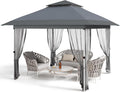 GarveeLife 12 ft x12 ft Gazebo Outdoor Pop up Canopy Tent with Curtains and 144 Square Shelter for Patio,Backyard Party, with Mosquito Netting, 2-Tiered Vented Top (Gray)