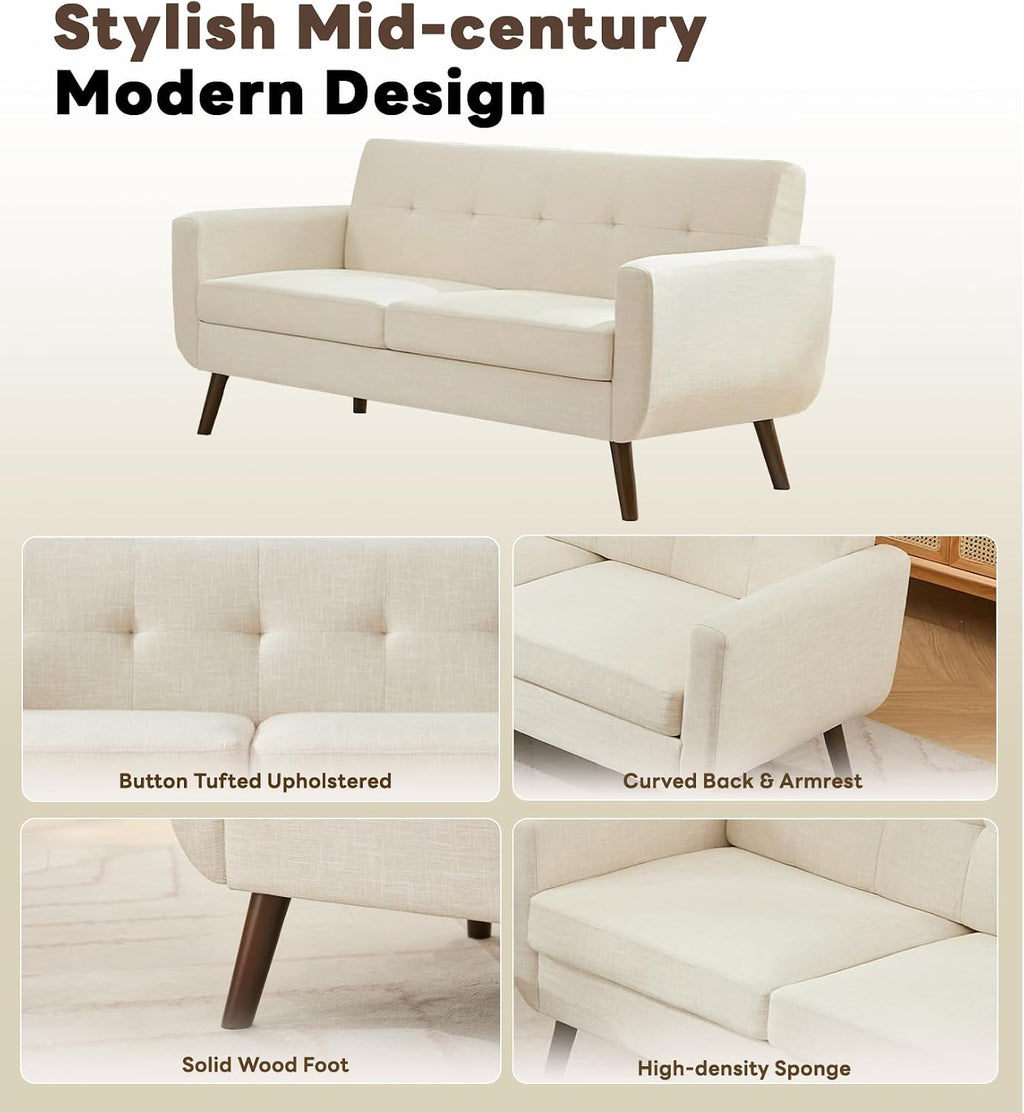 Tbfit Loveseat Sofa, 65' W Mid Century Modern Love Seat Couches for Living Room, Button Tufted Upholstered Small Sofa Couch for Bedroom, Beige