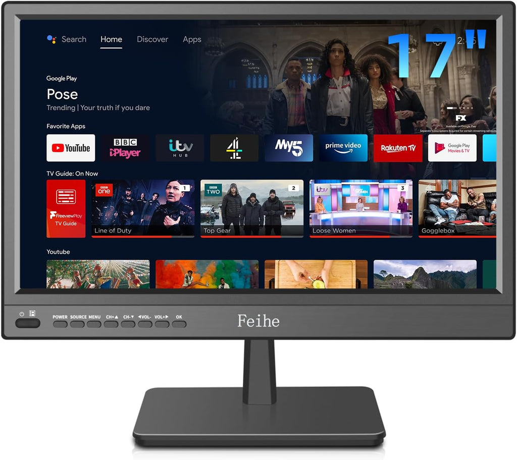 Feihe 17 inch Small Smart TV Built-in Android Operating System, HD Flat Screen Compact Smart Television for Kitchen, Home, RV Camper or On-The-Go Entertainment