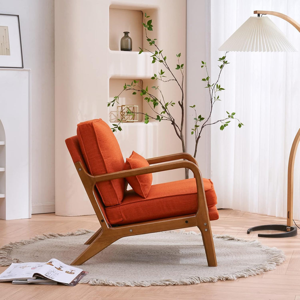 Karl home Accent Chair Mid-Century Modern Chair with Pillow Linen Fabric Upholstered Lounge Arm Chair with Solid Wood Frame & Soft Cushion for Living Room, Bedroom, Balcony, Burnt Orange