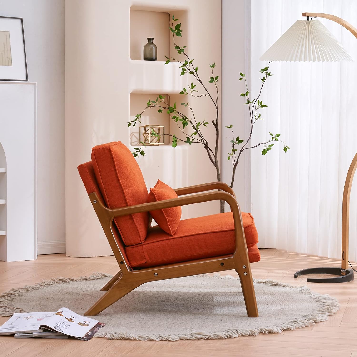 Karl home Accent Chair Mid-Century Modern Chair with Pillow Linen Fabric Upholstered Lounge Arm Chair with Solid Wood Frame & Soft Cushion for Living Room, Bedroom, Balcony, Burnt Orange