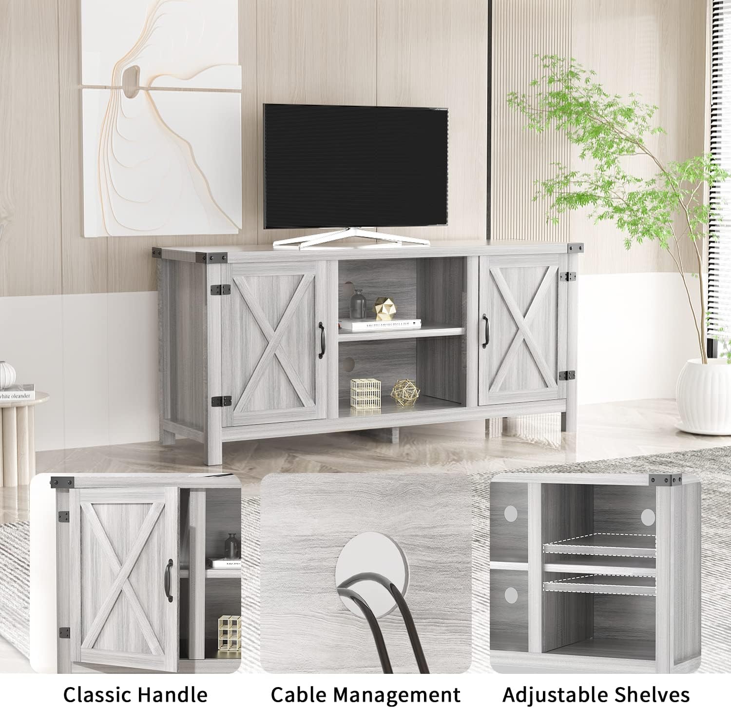 JUMMICO TV Stand, 65 Inch TV Farmhouse Entertainment Center with Double Barn Doors and Storage Cabinets, Console TV Table Media for Living Room, Bedroom (Grey)