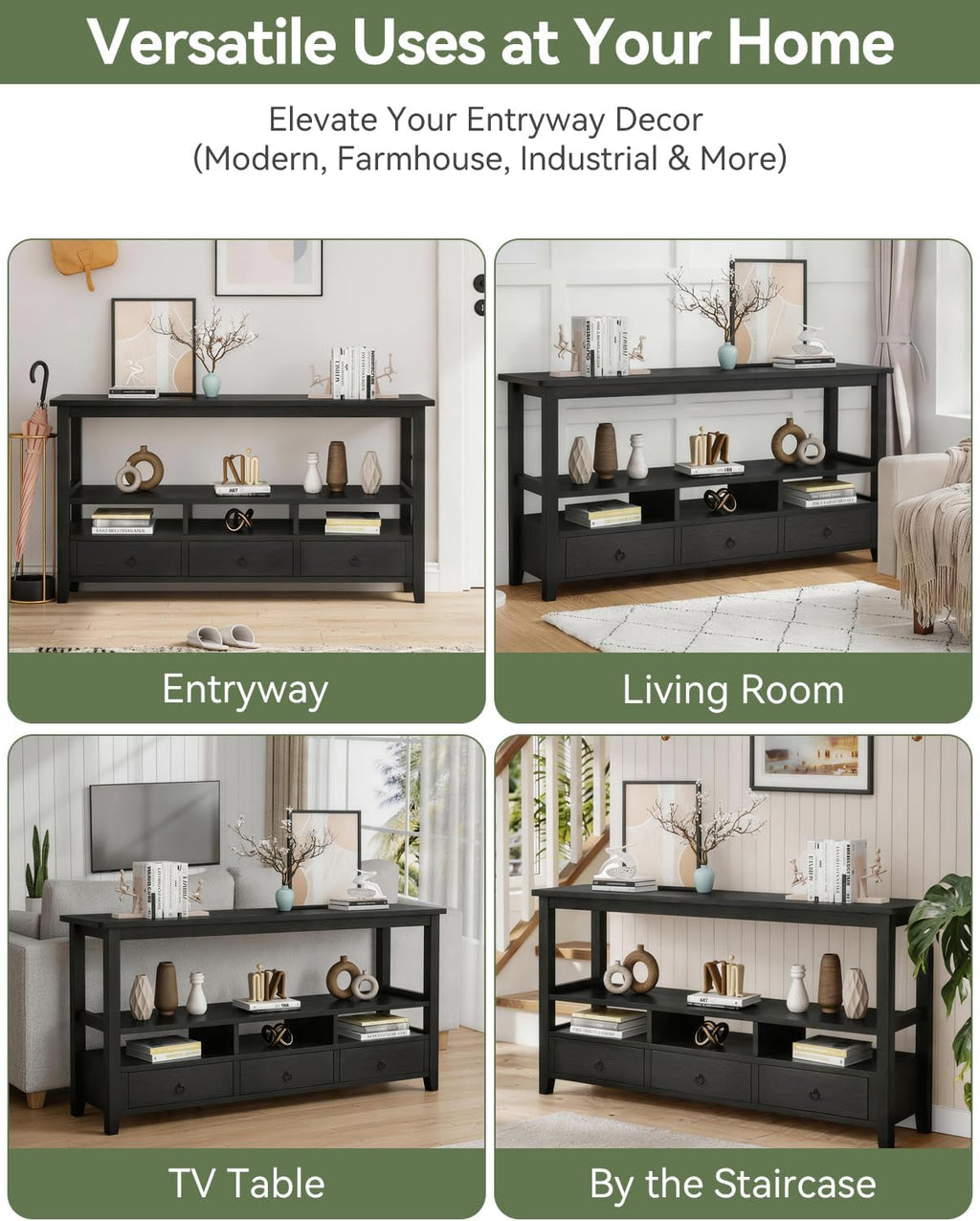 Karl home Console Table with 3 Bottom Drawers, 57.9' W Sofa Side Table Entryway Desk with 3 Storage Cubbies 1 Open Shelf, Vintage TV Stand for Hallway Living Room Office, Black 29.9' H