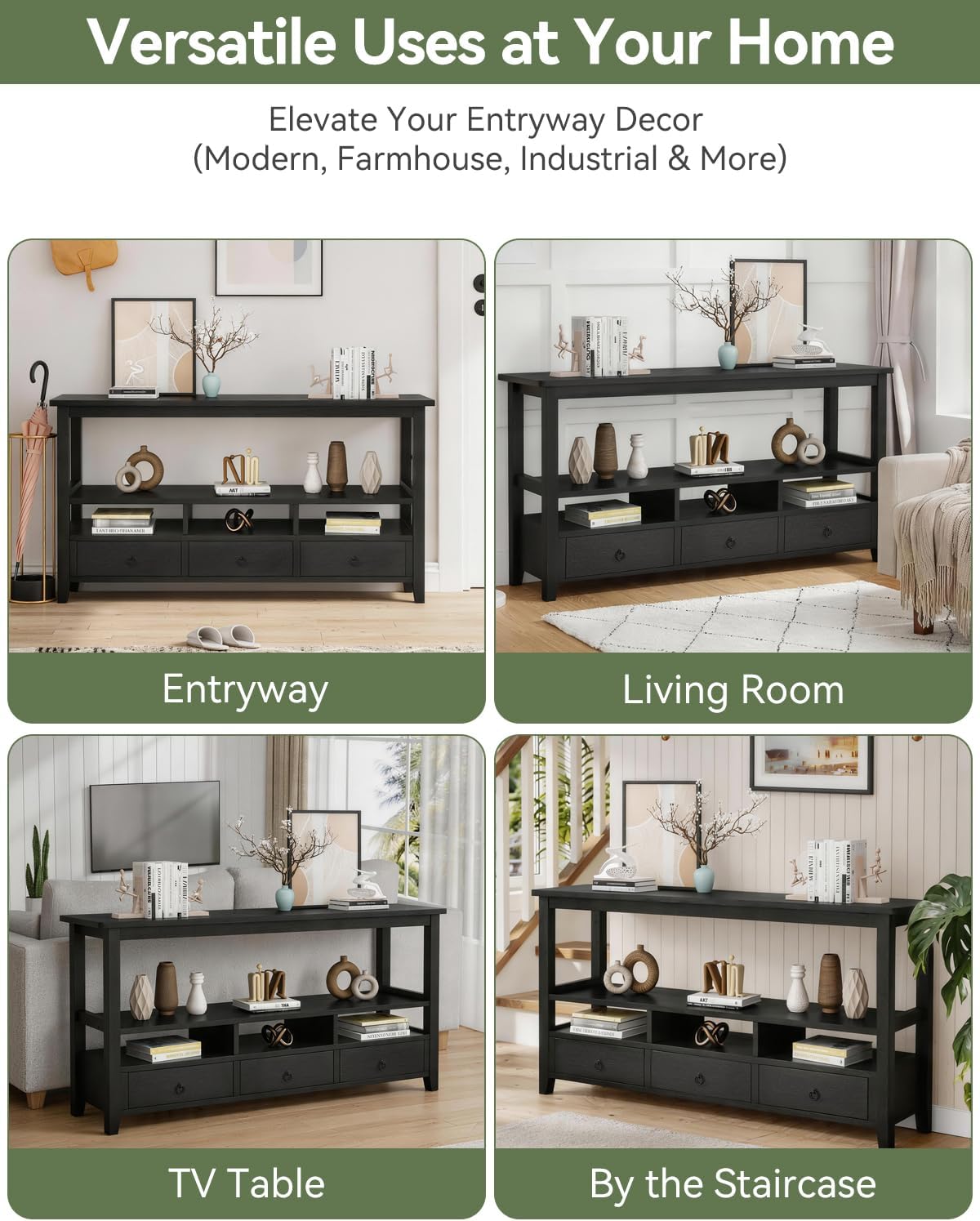 Karl home Console Table with 3 Bottom Drawers, 57.9' W Sofa Side Table Entryway Desk with 3 Storage Cubbies 1 Open Shelf, Vintage TV Stand for Hallway Living Room Office, Black 29.9' H