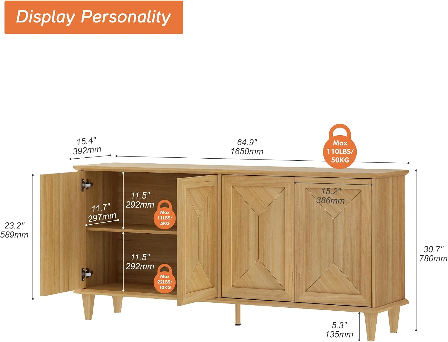 WAMPAT 65' Modern Farmhouse TV Stand with Handcrafted Patchwork Doors for 55-75' TVs, Entertainment Center Console with Cable Management, Adjustable Shelves Storage for Living Room, Natural Oak