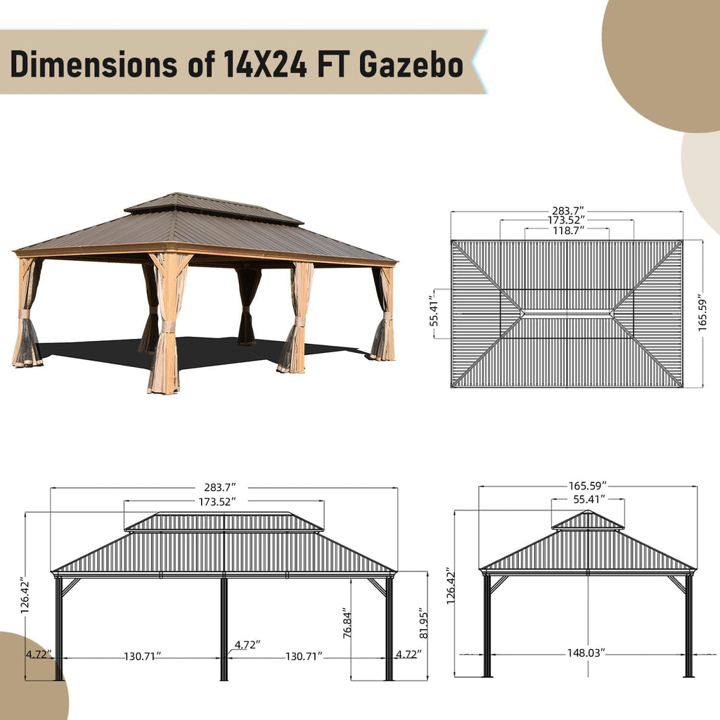 14x24FT Hardtop Gazebo, Outdoor Gazebo with Galvanized Steel Double Roof, Aluminum e, Built in Gutter System, Curtain and Netting, Metal Gazebo Pavilion for Patio Deck Garden, Wood Looking