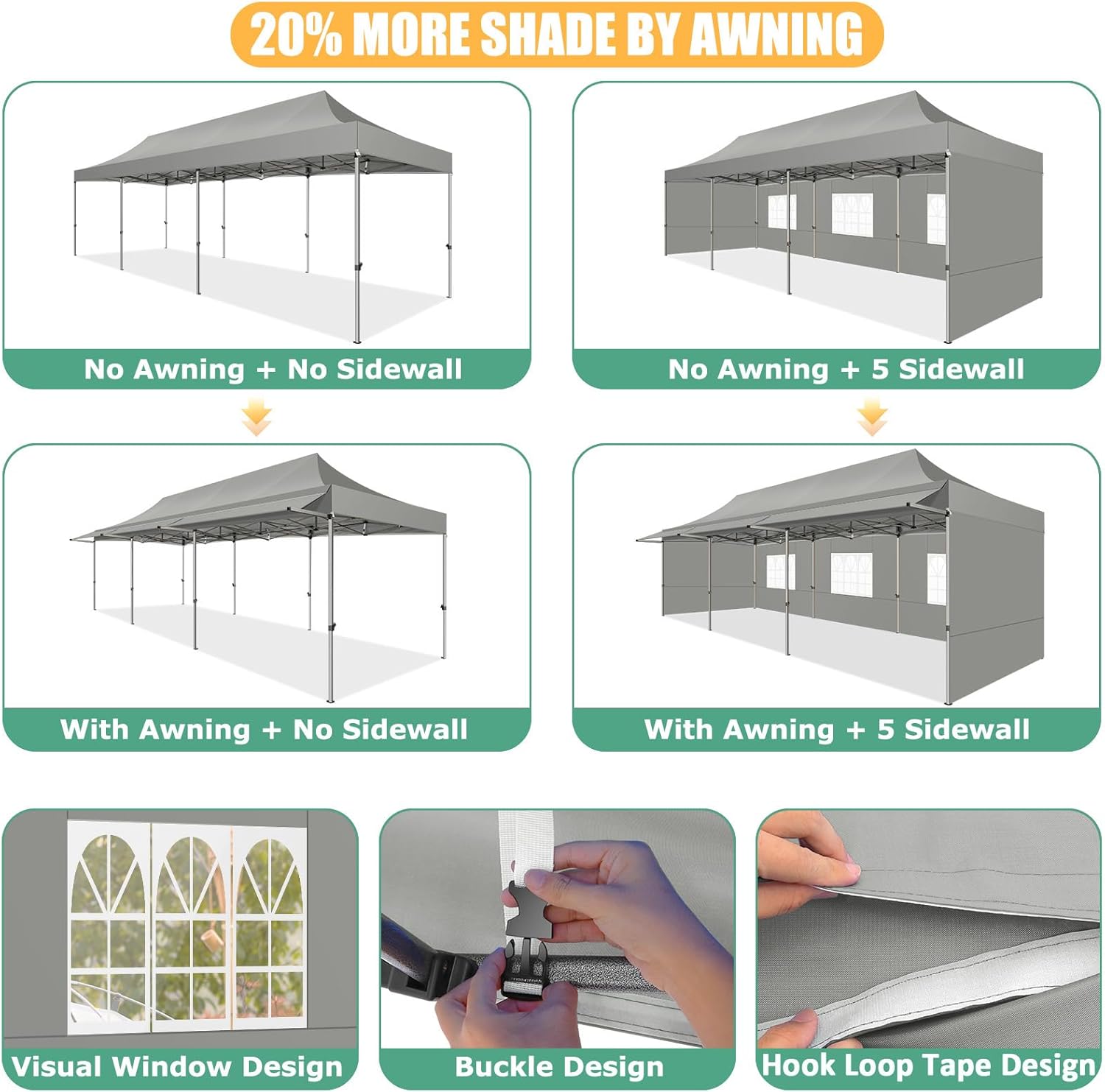 COBIZI 10x30 Pop Up Canopy Tent with Awning,Heavy Duty Canopy UPF 50+ All Season Wind Waterproof Commercial Outdoor Street Vendors Party Tents for Parties Canopy with Roller Bag(10 x 30 ft Gray)