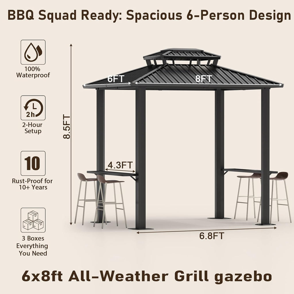 Hoteel Grill Gazebo 6x8FT Hartop Gazebo, Barbecue Gazebo with Galvanized Steel Double Roof, Outdoor Patio Aluminum Frame, 2 Side Shelves for Deck Lawn Backyard Garden and Party, Black(2026 Version)
