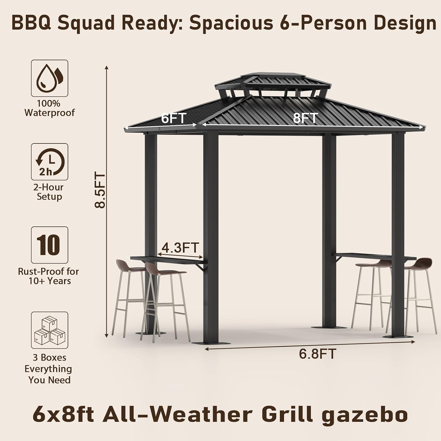 Hoteel Grill Gazebo 6x8FT Hartop Gazebo, Barbecue Gazebo with Galvanized Steel Double Roof, Outdoor Patio Aluminum Frame, 2 Side Shelves for Deck Lawn Backyard Garden and Party, Black(2026 Version)