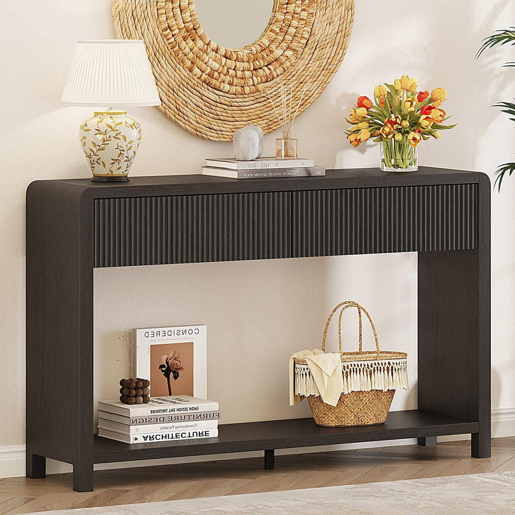 FATORRI Console Table for Entryway, Modern Sofa Table with 2 Drawers for Living Room, Wood Hallway Tables and Couch Tables Behind Sofa (47.2 inch, Black)