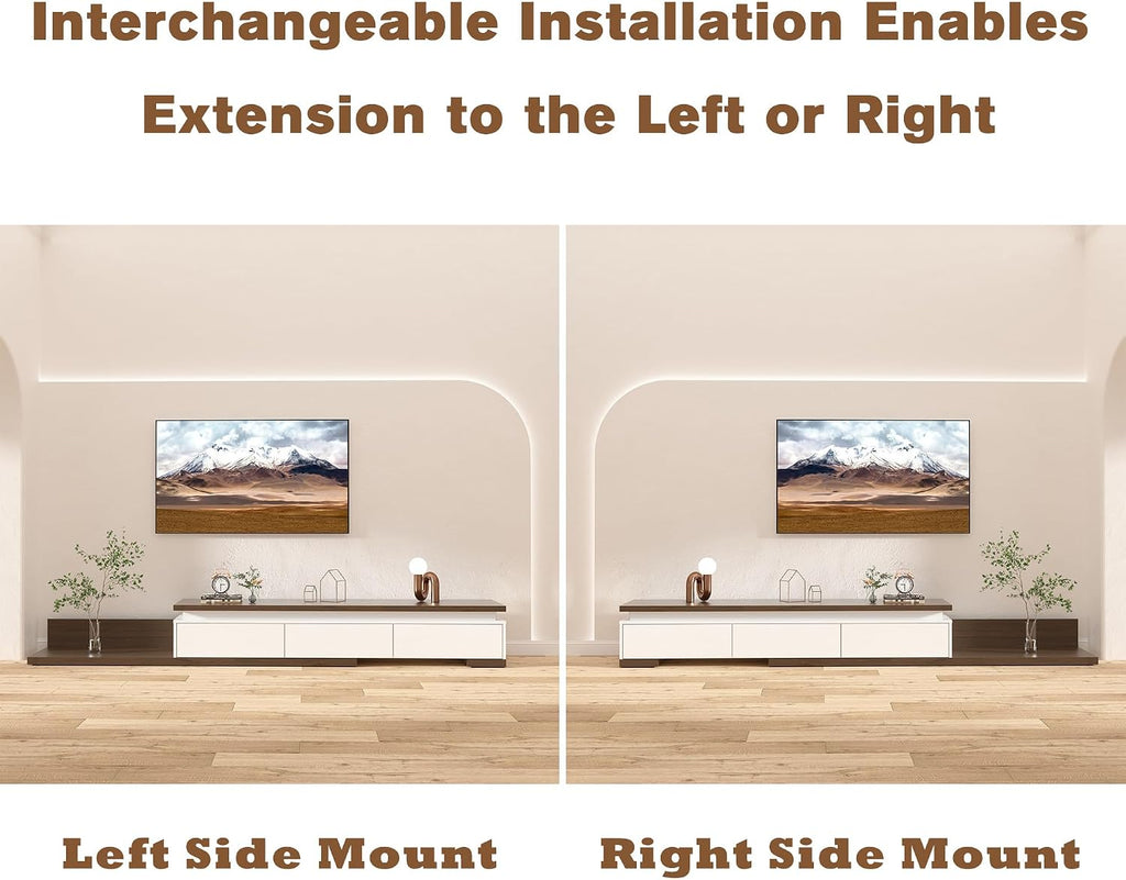 Betterhood Extendable TV Stand with LED Lights (80' - 106'), Wood Entertainment Center for Up to 120' TV, Modern Reversible TV Console with Three Drawers, Living Room, Bedroom (White)