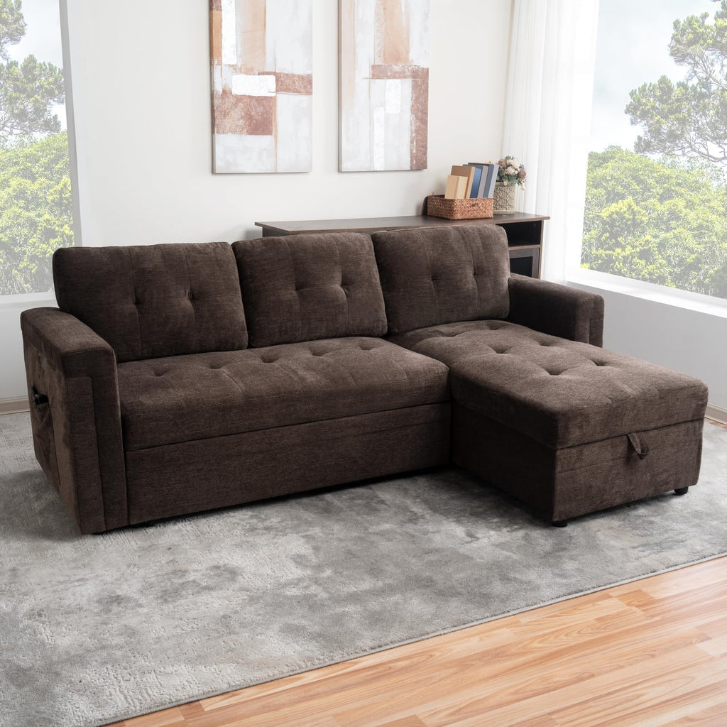 Naomi Home L-Shaped Sectional Sleeper Sofa with USB Ports - Convertible Pull-Out Bed, Ample Storage, Timeless Design, Durable Construction Espresso/Microfiber