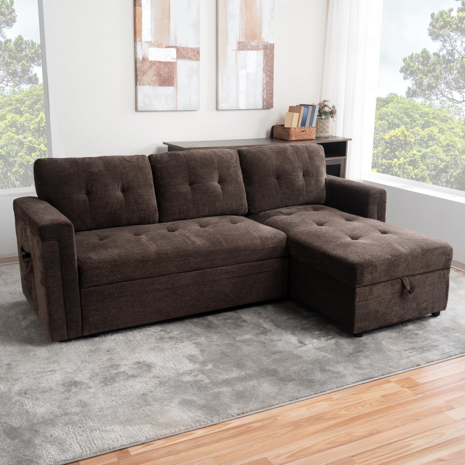 Naomi Home L-Shaped Sectional Sleeper Sofa with USB Ports - Convertible Pull-Out Bed, Ample Storage, Timeless Design, Durable Construction Espresso/Microfiber