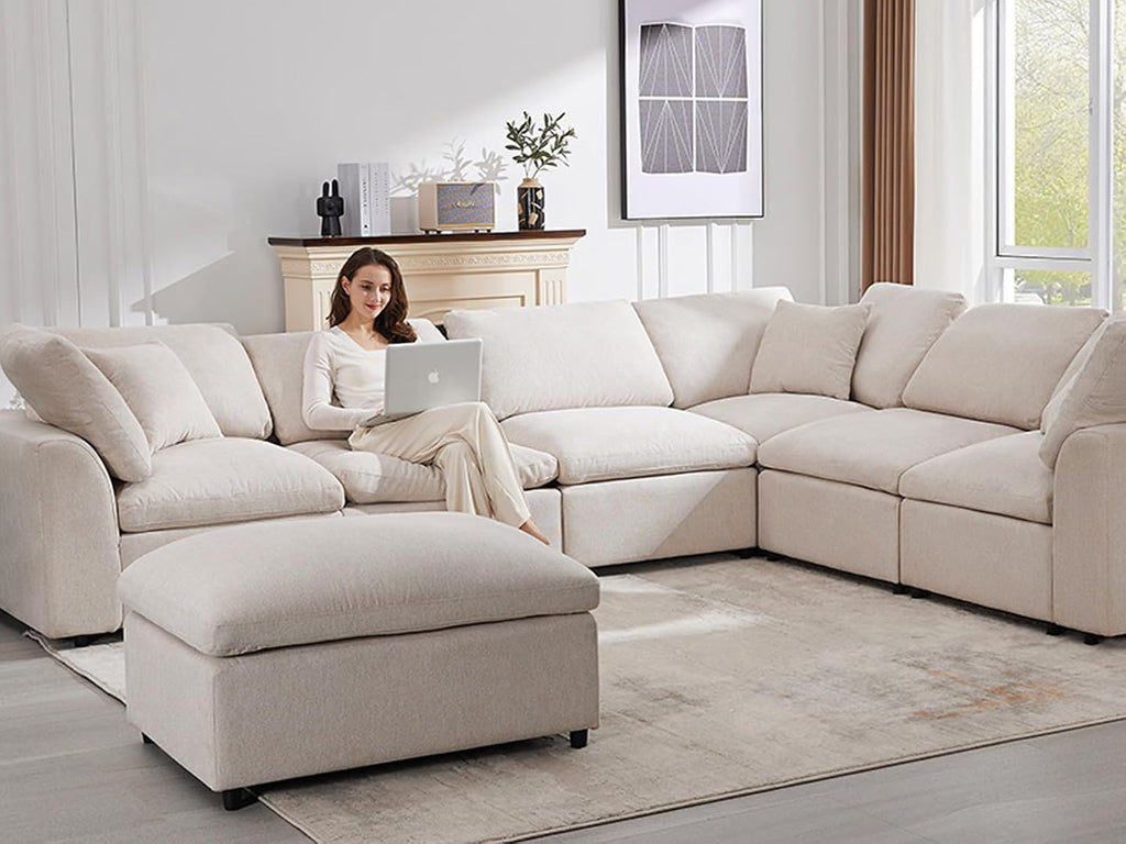 Siiejia Modular Sectional Sofa Modern Oversized Chenille Cloud Couch with Movable Ottoman 7 Seater L-Shaped Sofas Comfy Couches for Living Room Spacious Space Office Lounge, Beige